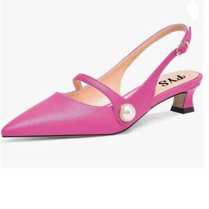 FYS Hot Pink Low Heel Slingback Pearl Pointed Toe Pumps Buckle Slip On Shoes